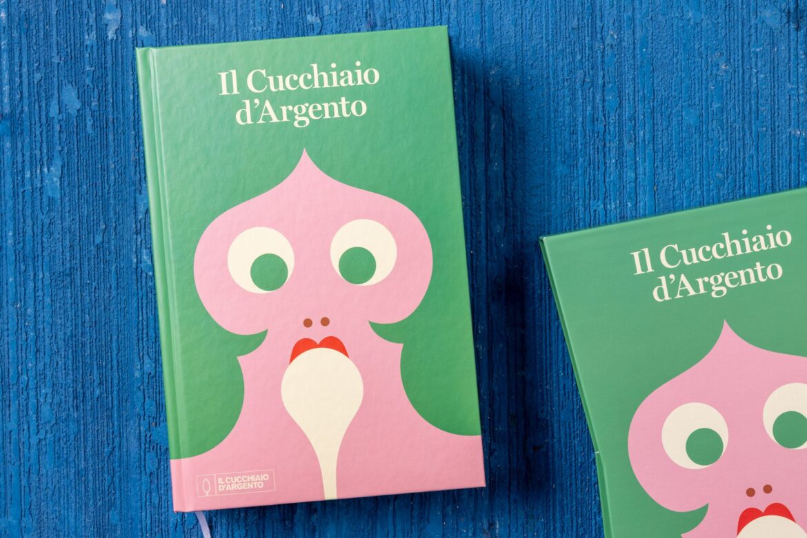 Book cover: il Cucchiaio d'Argento, featuring an illustration by Olimpia Zagnoli with a person's face with green hair licking a white spoon