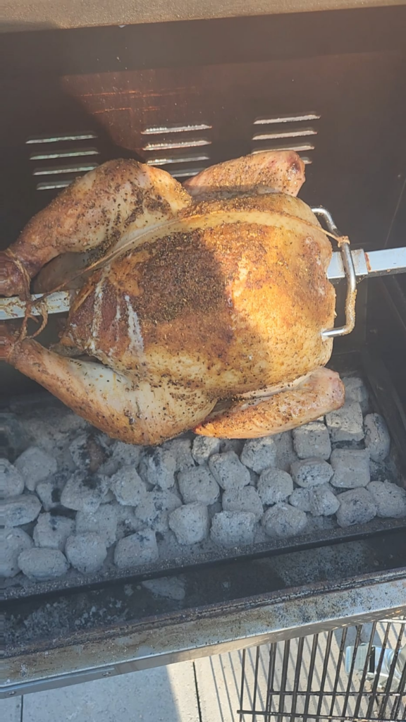 charcoal rotisserie turkey and pork loin
