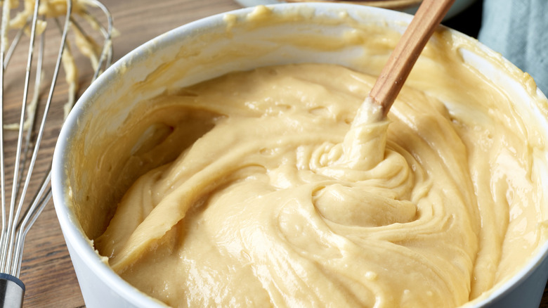 Mixing egg custard in bowl