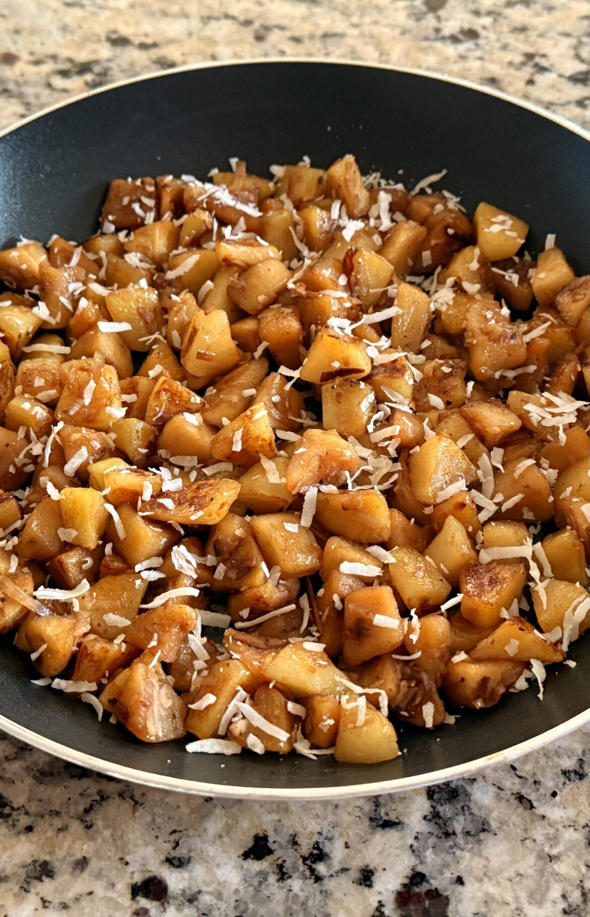 Caramelized and spiced Granny Smith Apples garnished with coconut flakes.
