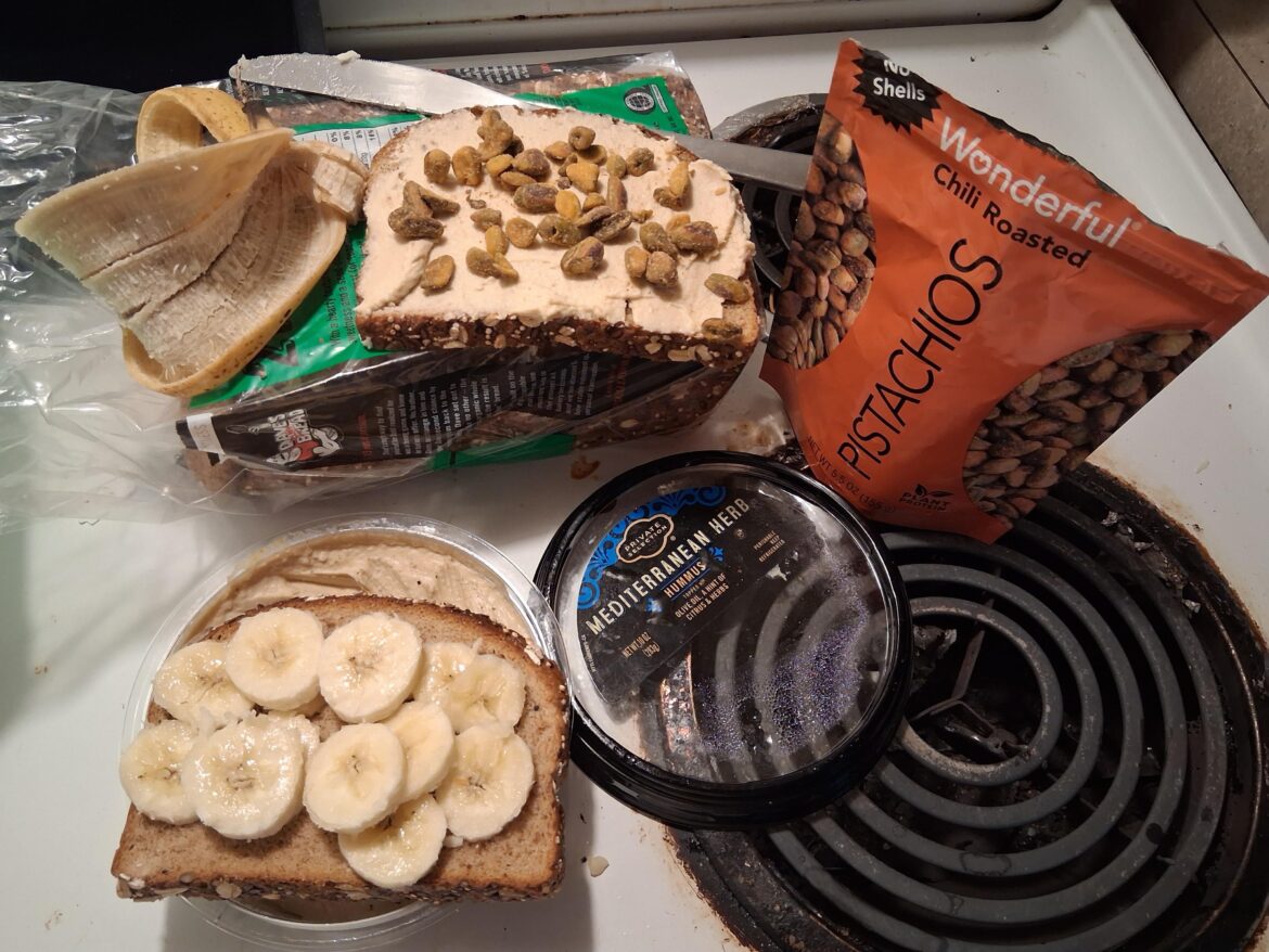 Banana, hummus, pistachio sandwich