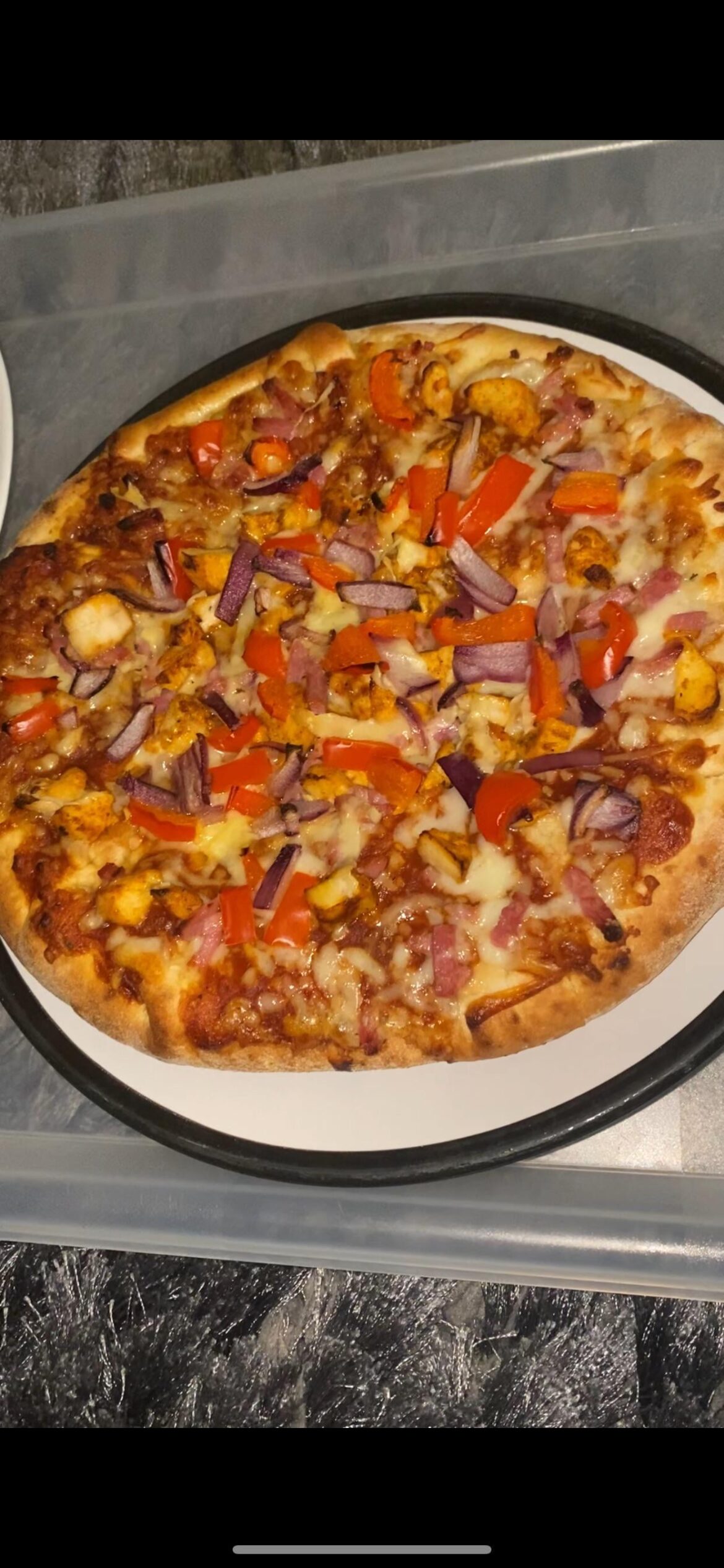 Stuffed crust  form Morrisons £2.75! Chicken bacon I added the peppers and onions!