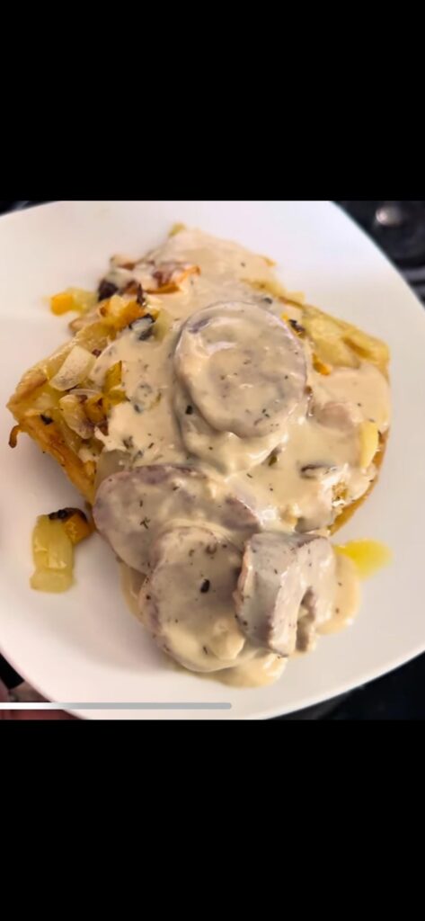 Brats and Fried Pierogis W/ A Cream Sauce