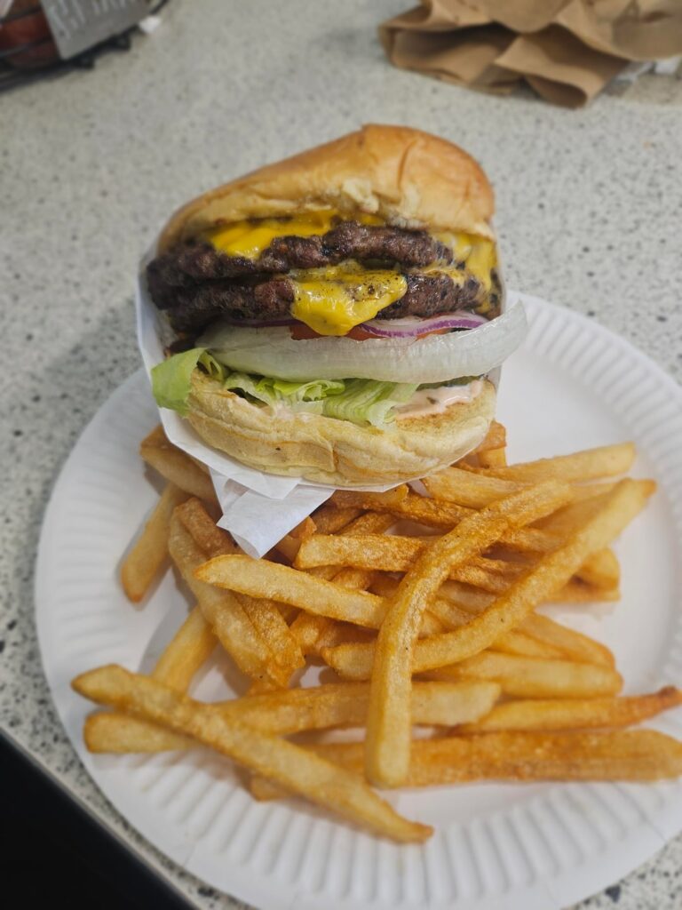 A double cheeseburger from TK Burger