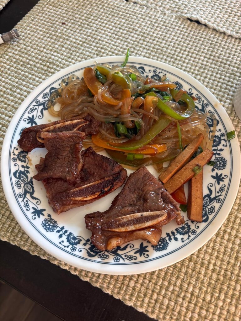 calories in sweet potato noodles DOUSED in sesame oil, korean short ribs, and tofu?