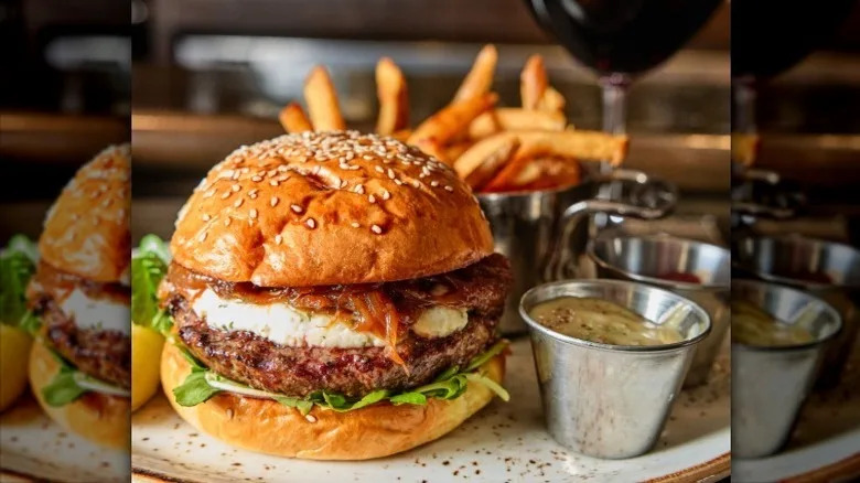 burger and fries at Harvest restaurant