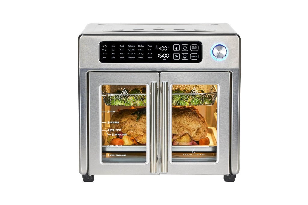 Air fryer with food inside.