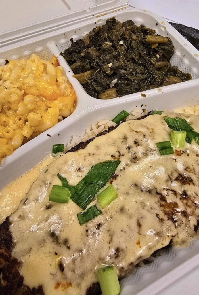 J Spice - blackened catfish, mac & cheese, greens
