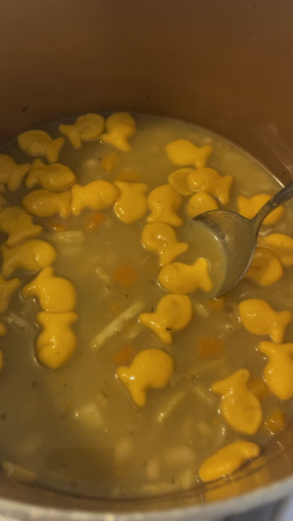 German Bean Soup with Goldfish Crackers and Potato Sticks - Eat up, Chumps