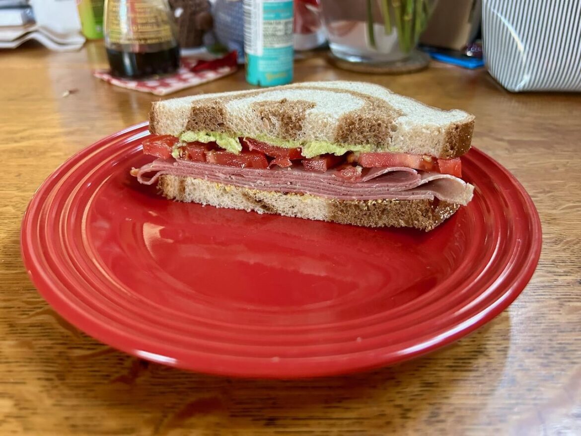 Shaved Roast Beef on Rye with Stone Ground Mustard, Tomato, and Avocado