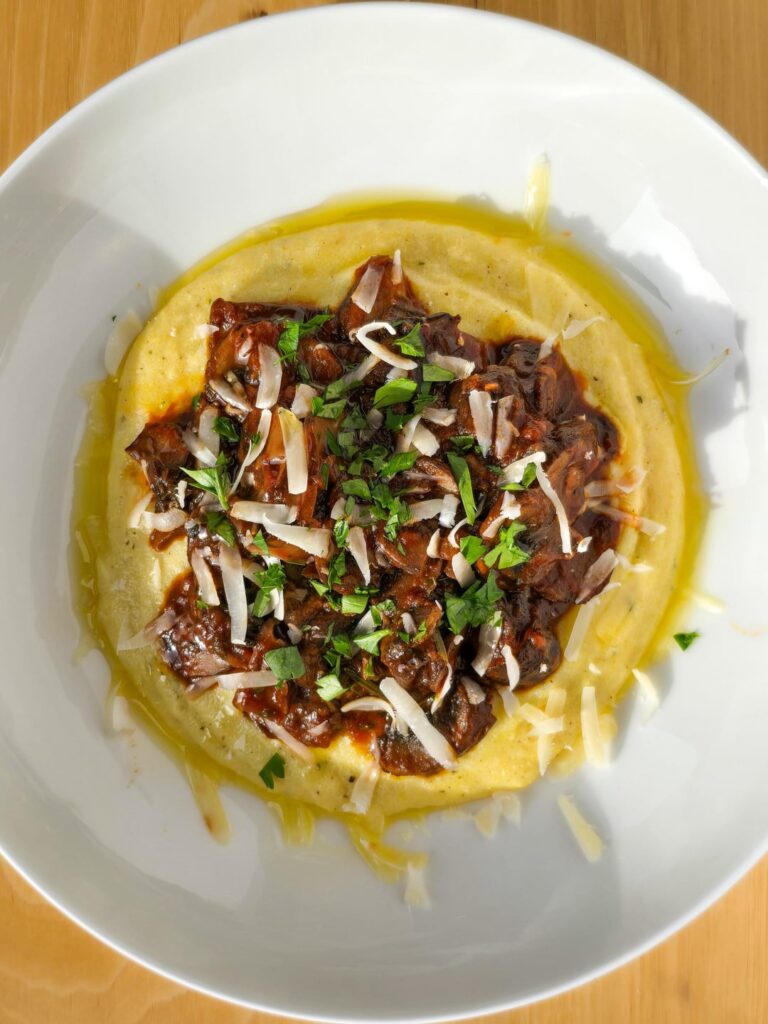 Mushroom ragu and collard greens
