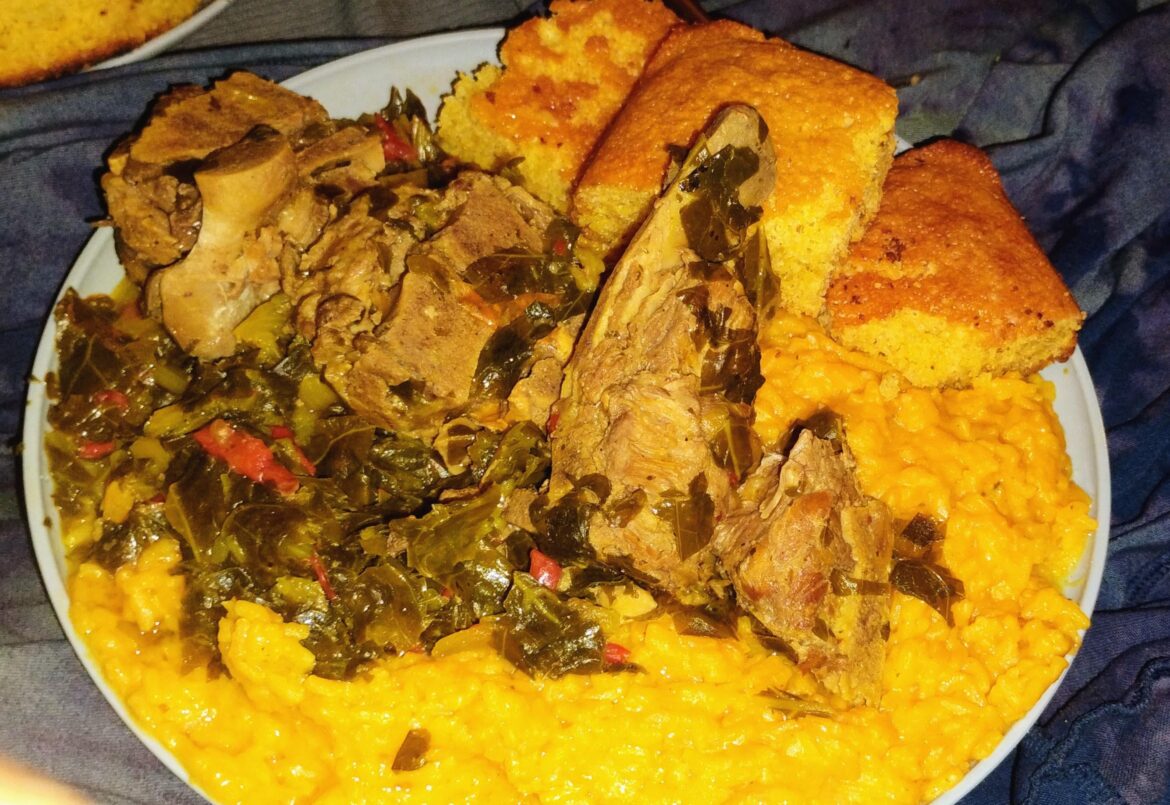 "[homemade]" Neck Bones, Collards, "Yellow Rice and Cornbread