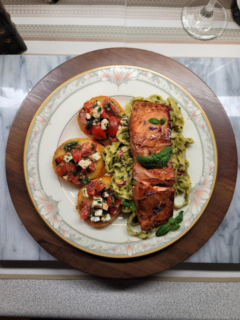 [Homemade]Balsamic Glazed Salmon Over Fresh Pasta w/ Basil Pesto and Bruschetta!