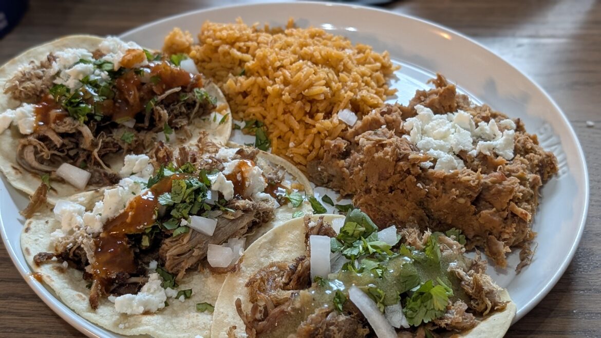 Carnitas Tacos, Rice and Beans