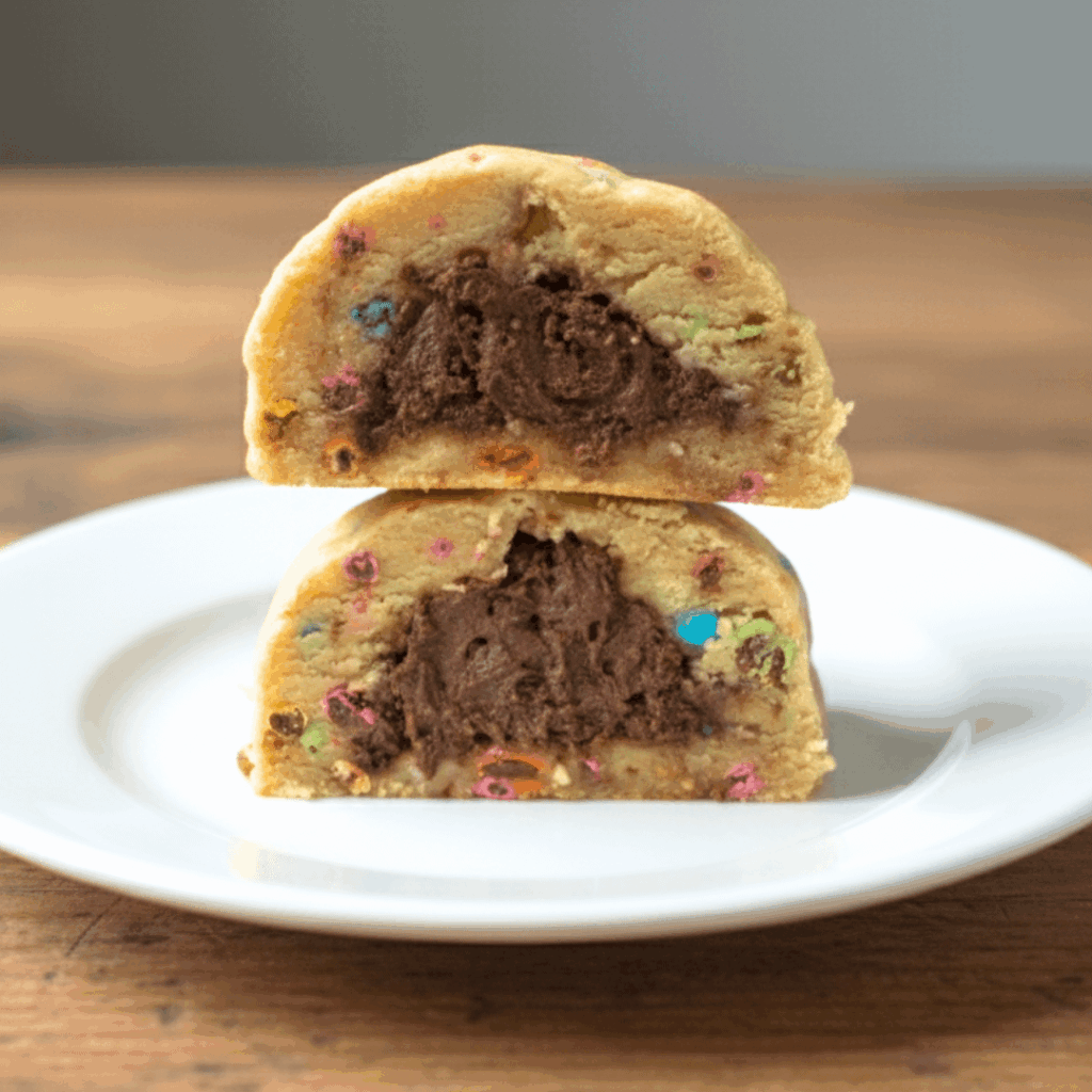 Brown sugar cookie stuffed with Snickers, Twix, and M&M’s, filled with a rich fudge core.