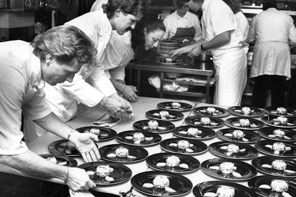 Tansy Good (third from left) and other chefs cooking at the Royal Children’s Hospital Building Appeal in May 1990.