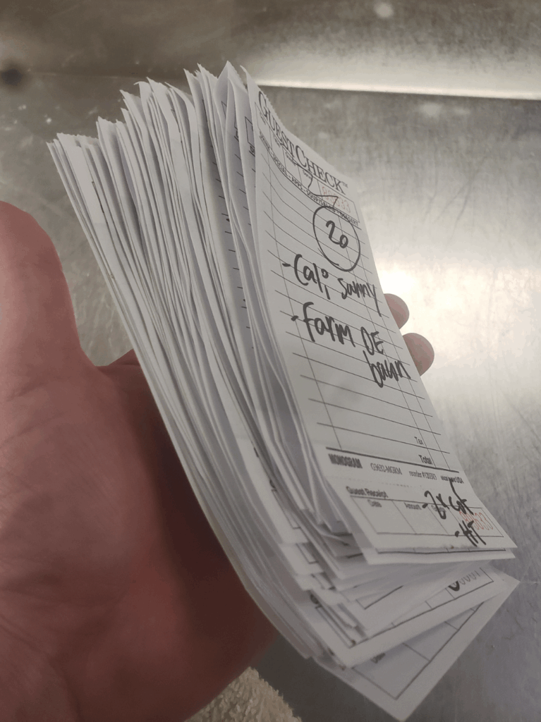 2 hours into solo breakfast and I got this many tickets, no foh or dish... meanwhile night crew has 4 people 40 tickets and can't even fucking sweep.