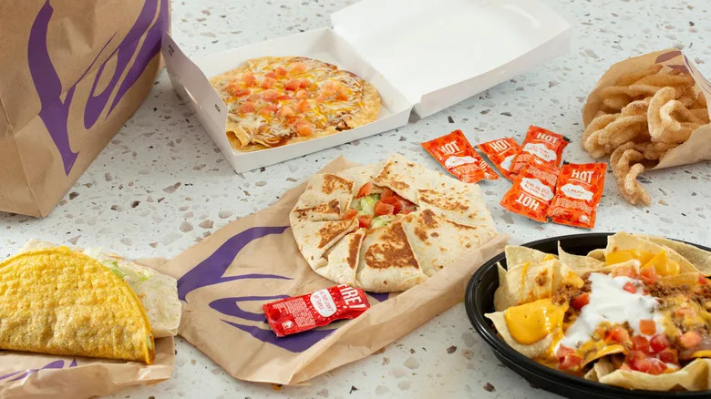 Various Taco Bell menu items on a table