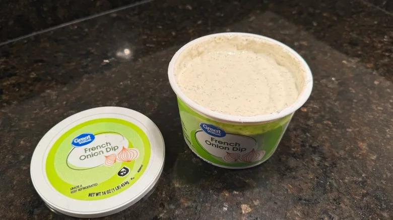 Great Value French onion dip on countertop