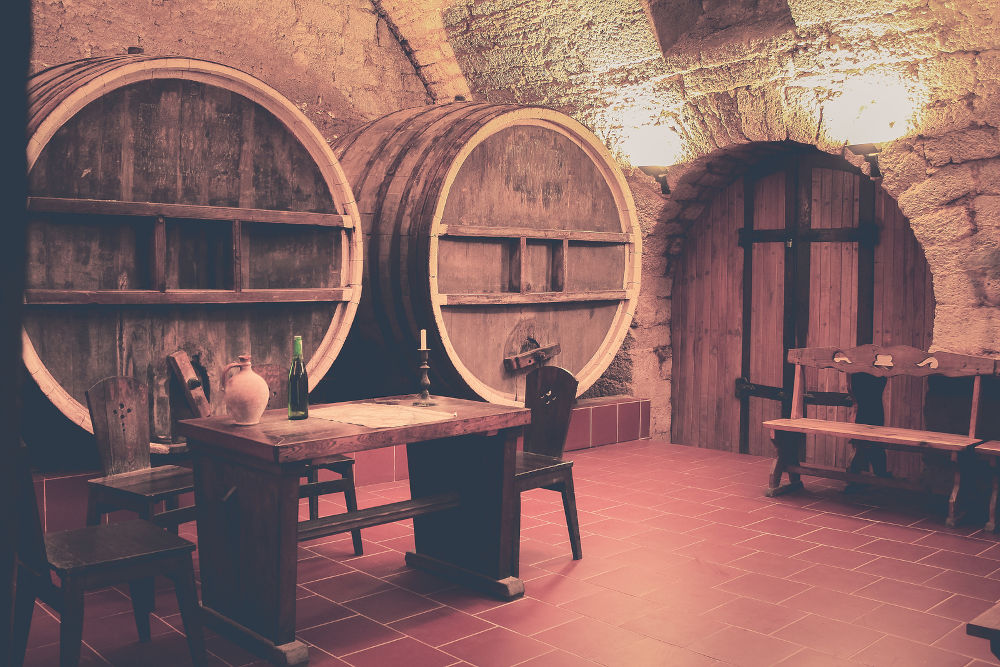 wine barrels in cellar