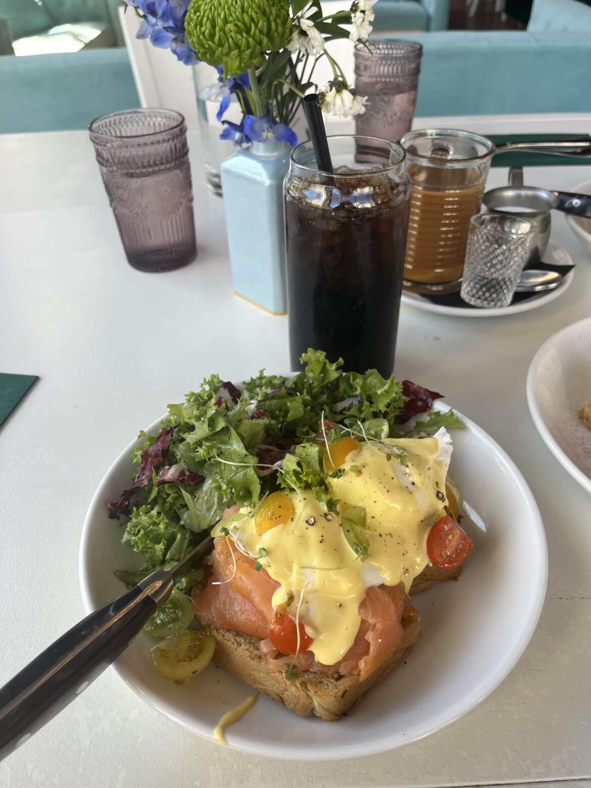 Eggs Benedict with Smoked Salmon + Iced Coffee