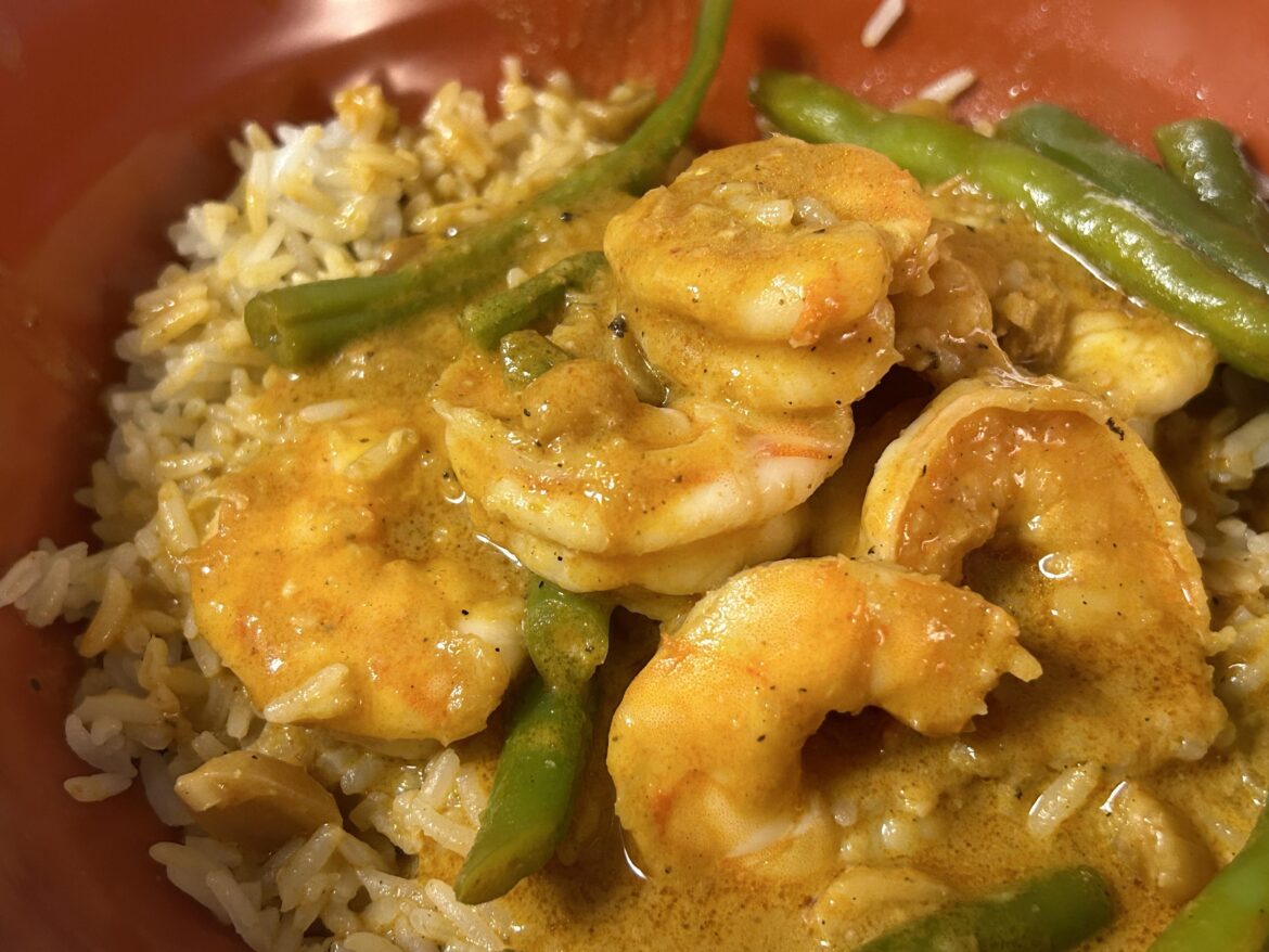 Shrimp in a Thai peanut curry.