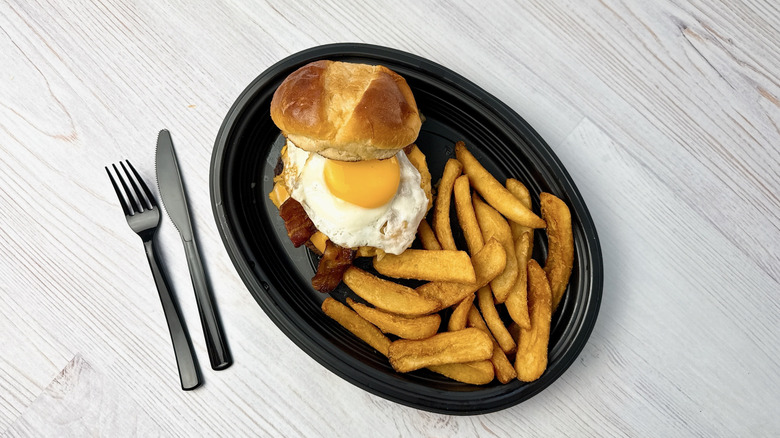 Cracker Barrel breakfast burger with steak fries