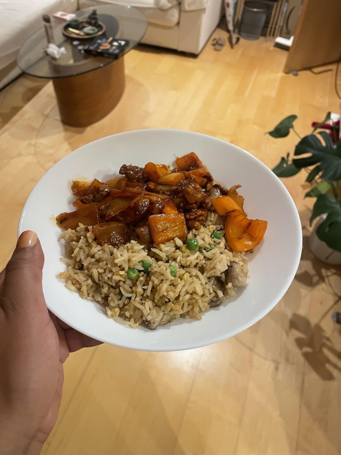 Homemade sweet and sour (?) pork with peppers and onions, and mushroom/egg fried rice with peas