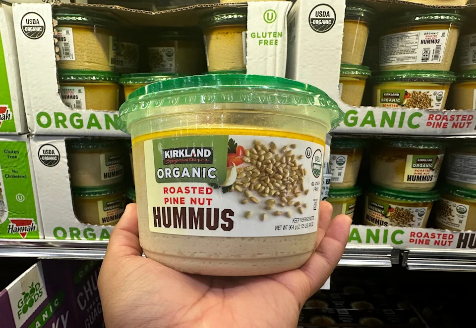 Tub of organic Kirkland Signature roasted pine nut hummus at Costco