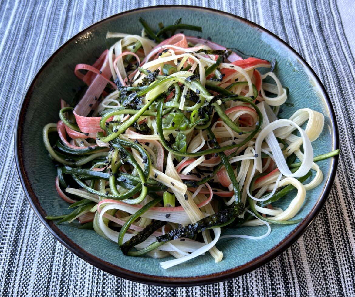 181 cal Japanese inspired snack: 'crab' sunomono featuring Mori-nu plant based crab. It tasted exactly how I remember it.