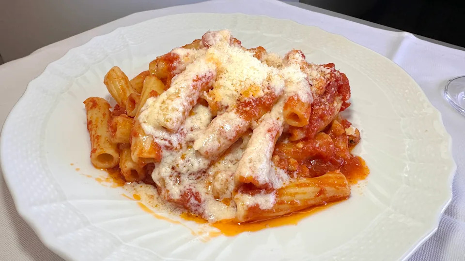 Fish Matriciana pasta on ITA Airways