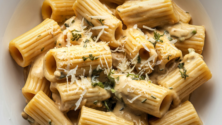 Rigatoni pasta topped with Parmesan cheese
