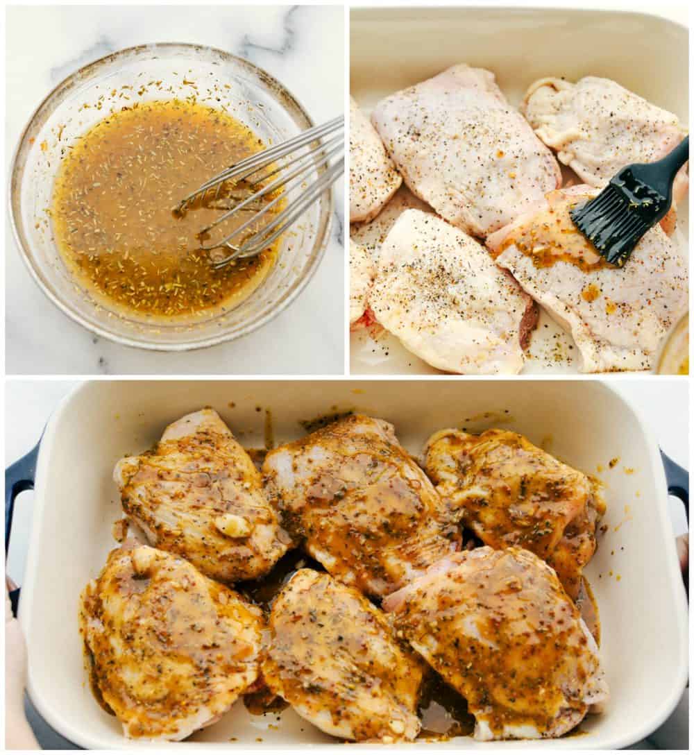 Baked Chicken Thighs are tender and juicy and baked in an AMAZING glaze mixture of Italian seasoning, Dijon mustard, sweet honey, and garlic cloves. This is a MUST make family meal! Baked chicken thigh process with the whisked sauce ingredients, brushed on chicken thighs then adding garlic to the top.