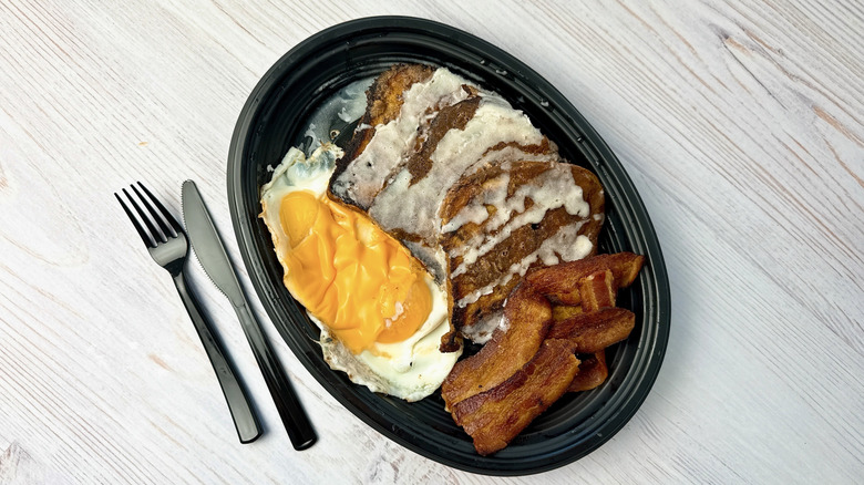 Cracker Barrel cinnamon swirl french toast with eggs and bacon