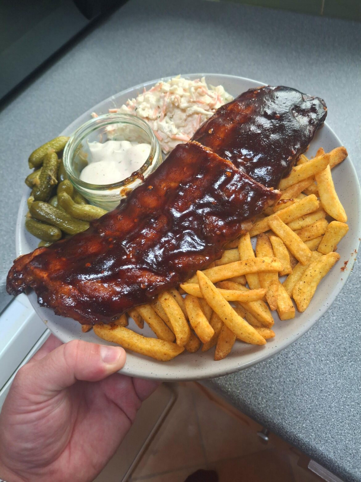 Rack of spicy barbecue ribs and sides for my Sunday tea