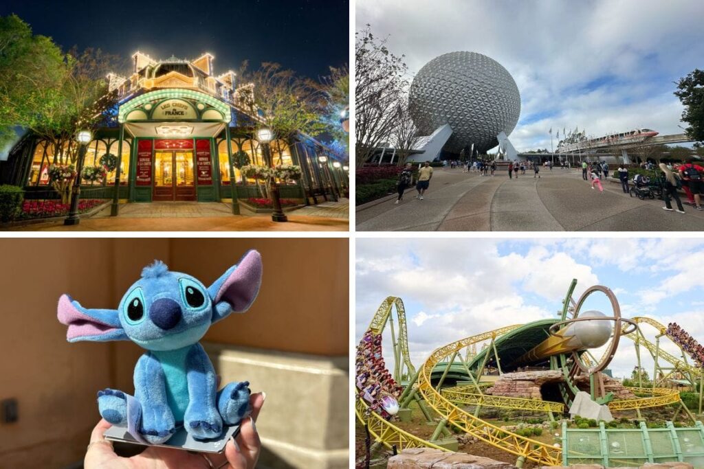A collage shows Disney parks: Chefs De France lit up, Epcot’s Spaceship Earth, Stitch plush, and a roller coaster.