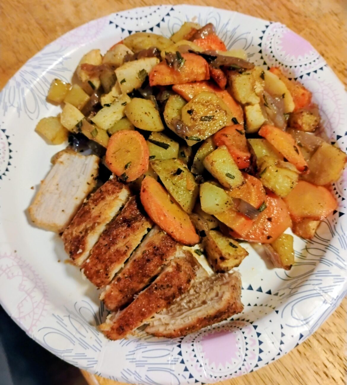 Sheet pan pork with creamy mustard & rosemary roasted root veggies & apples.