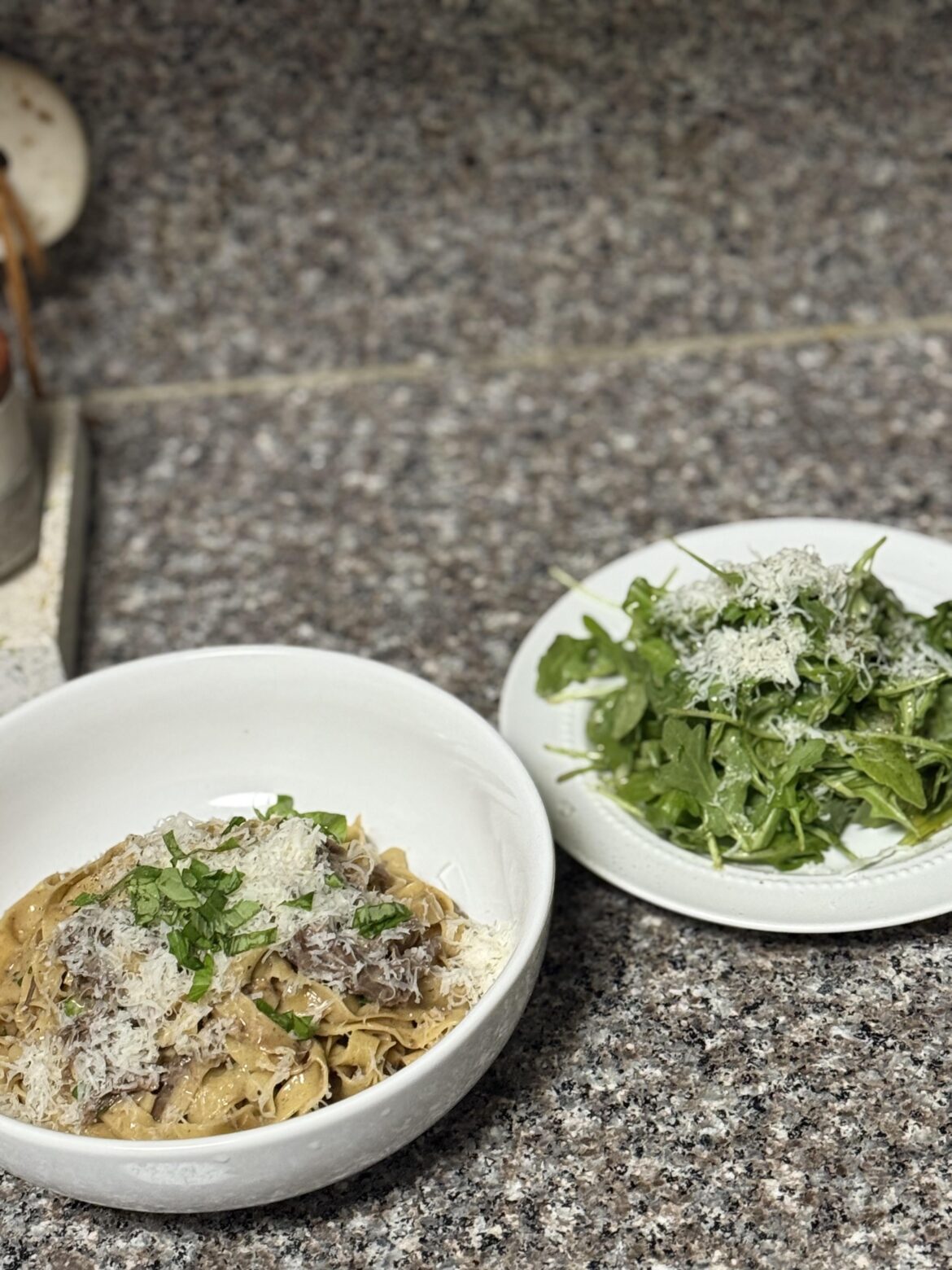 Homemade linguini (+MEAT) (+arugula side salad with a basic dressing but unique method that is astounding)