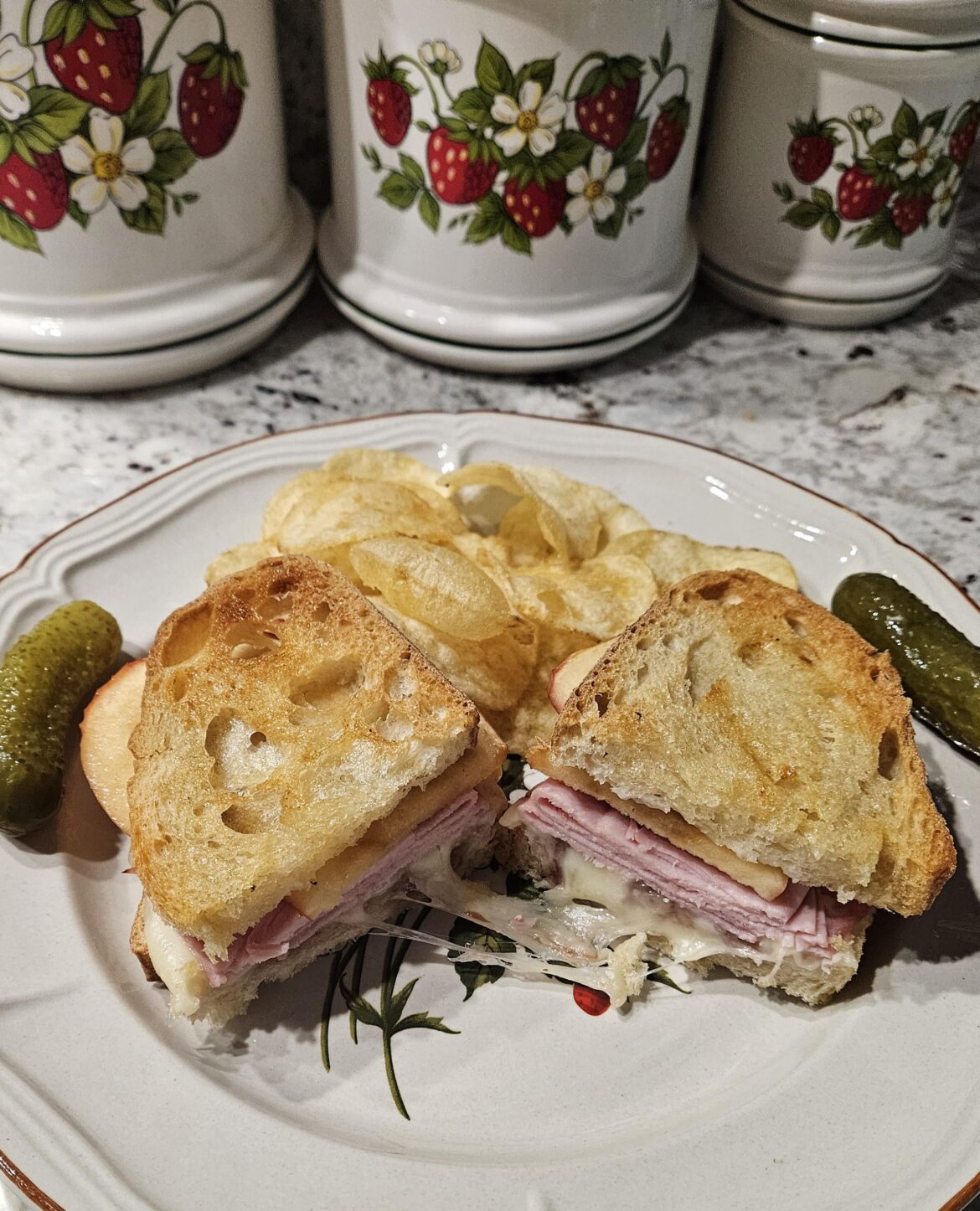 Ham & cheese with tart apple slices and a light smear of strawberry jam.