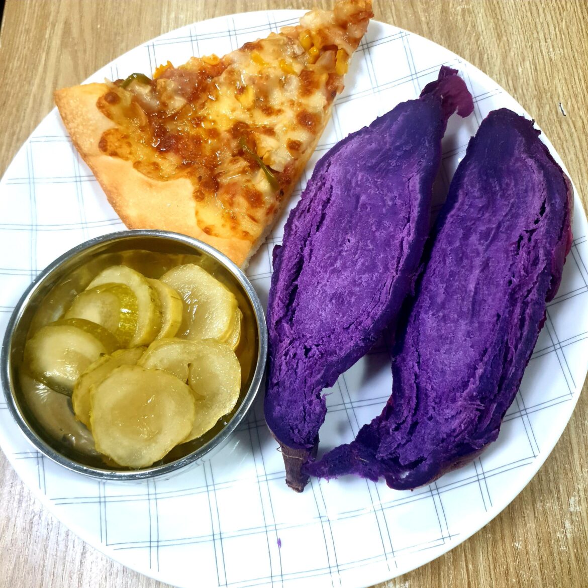 For breakfast this morning, I had pizza, purple sweet potato, and pickles
