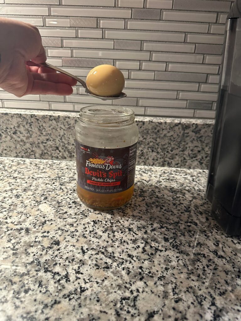 I didn’t want to throw away the brine of my spicy pickles so I picked an egg in it 😁