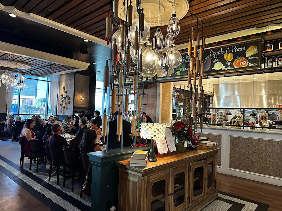 Buddy V's interior with wood ceiling, tables