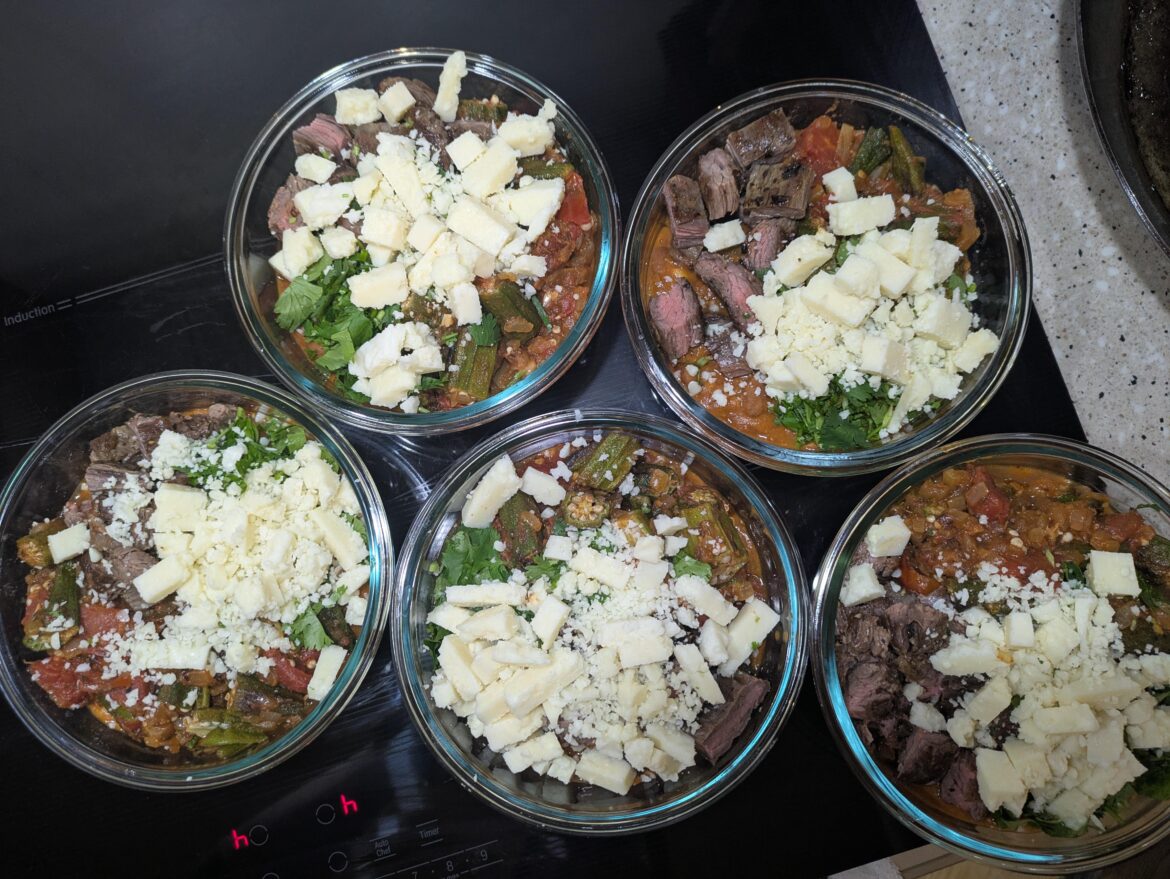 Twofer Lunches! Cowboy Beans with Cotija, Bistec, and Cilantro, plus Bhindi Masala (okra curry)