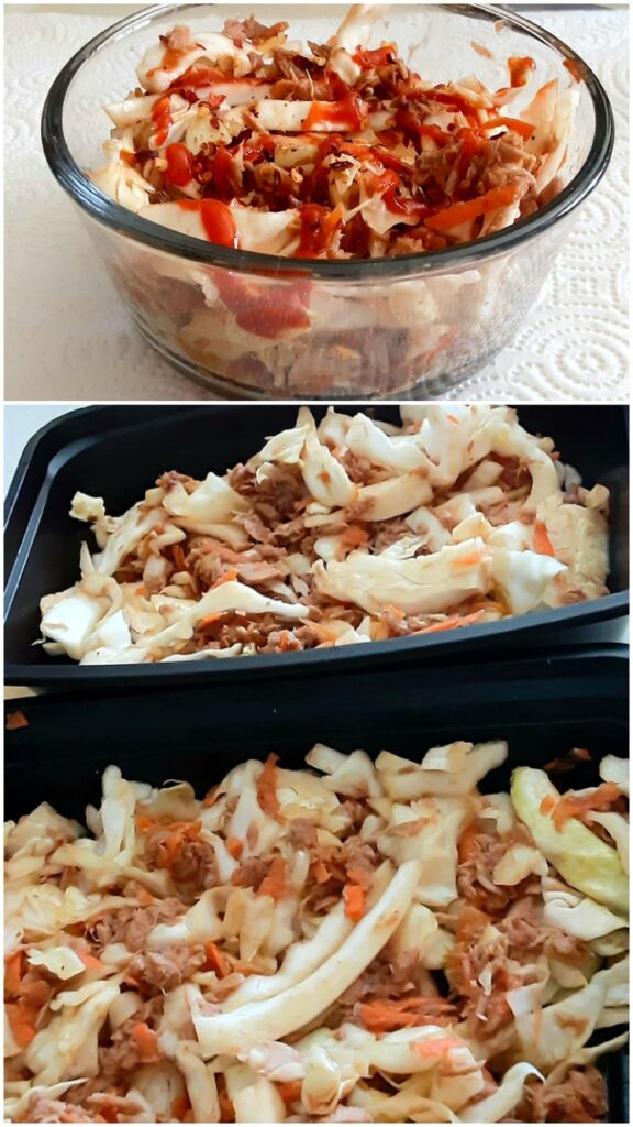 Cabbage Stir Fry with Canned Tuna Fish. A cheap and very versatile 1-pot-meal that cooks in just a couple of minutes. I'm not a fan of canned tuna fish but I'll be making this again. 508cals and 45g of protein for the entire dish that can be separated into 2 to 3 prepped meals (169-254cal each).