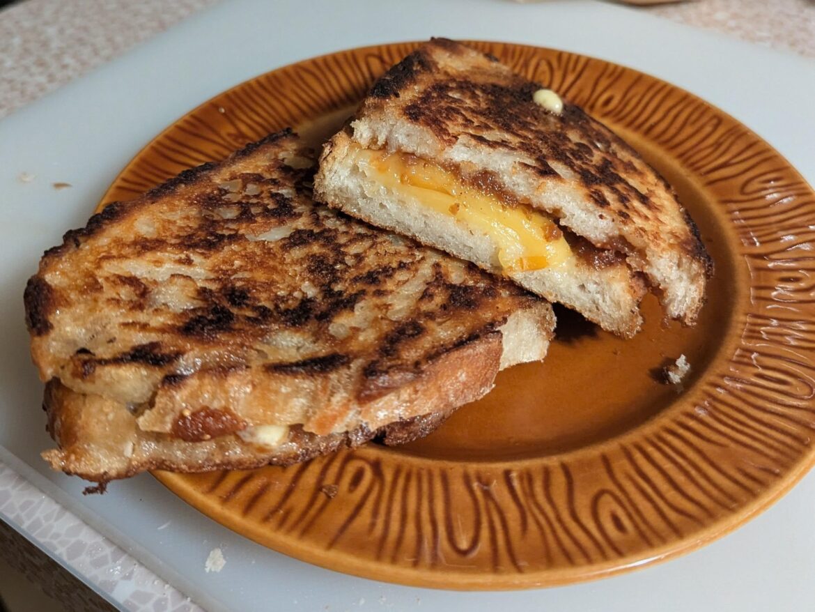 Homemade sourdough, smoked Gouda and fig jam grilled cheese