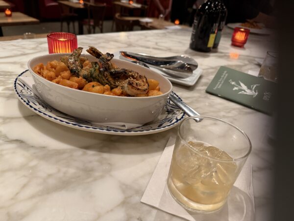 Food: Lumache Alla Vodka Con Gamberi - Housemade pasta, grilled shrimp, tomato cream, ‘nduja, parmigiano-reggiano and salsa verde