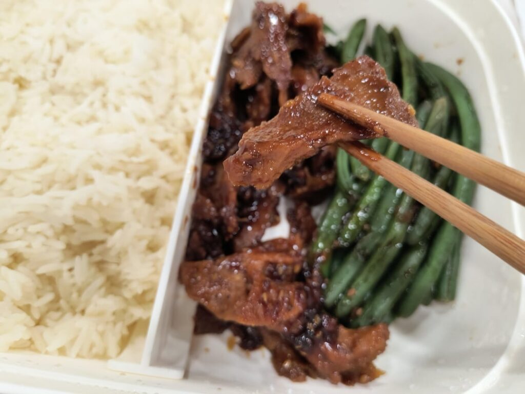 Teriyaki Seitan, rice, and green beans has become a regular staple meal for me lately