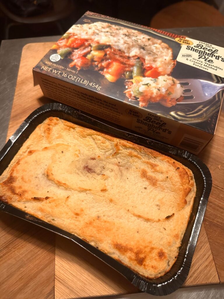 TJ’s Shepherd’s Pie. Not the most appetizing but for the full tray (which is two servings), it’s 340 calories and 32 g of protein.