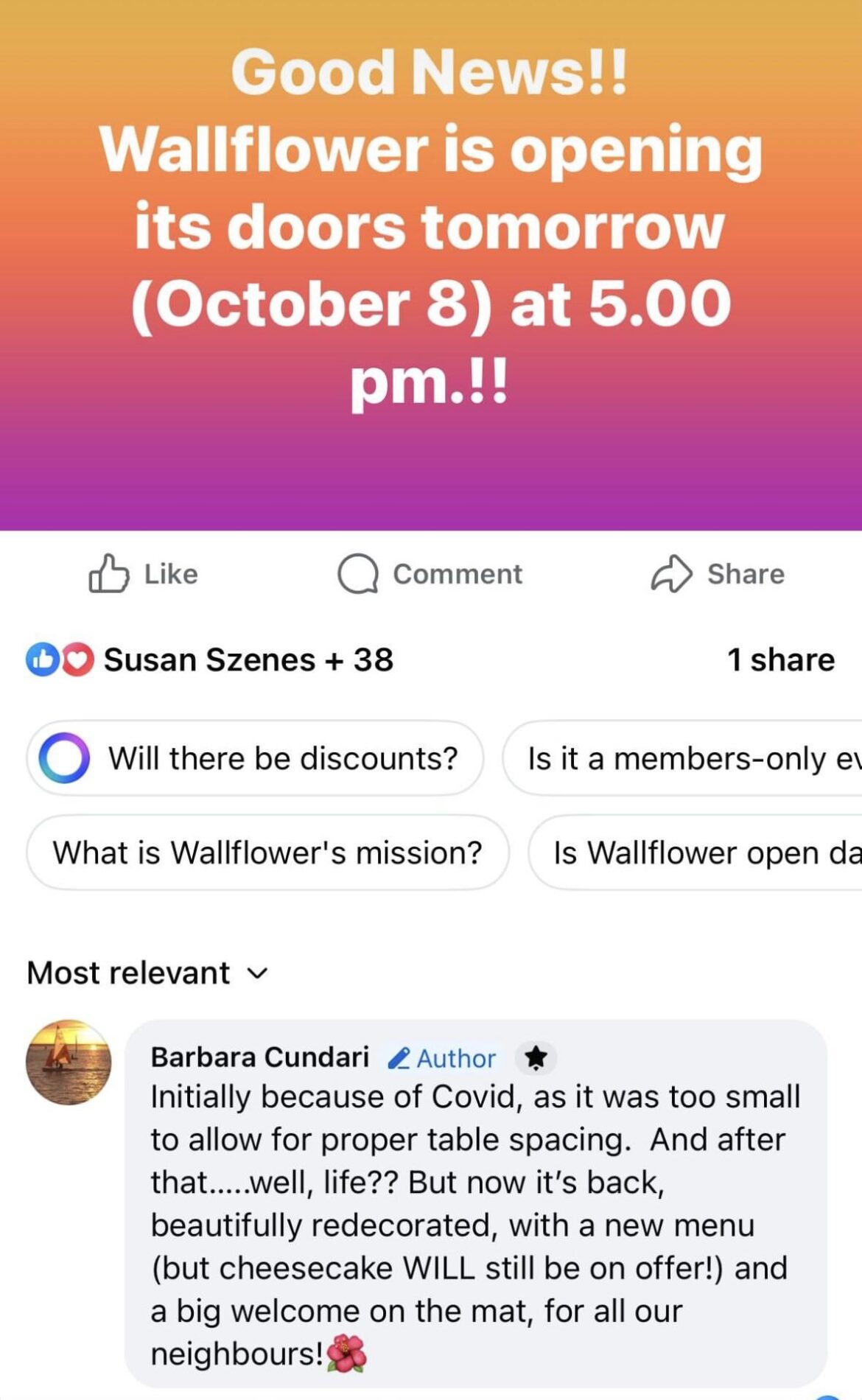 After initially closing suddenly in 2020, Wallflower on Dundas West is reopening!