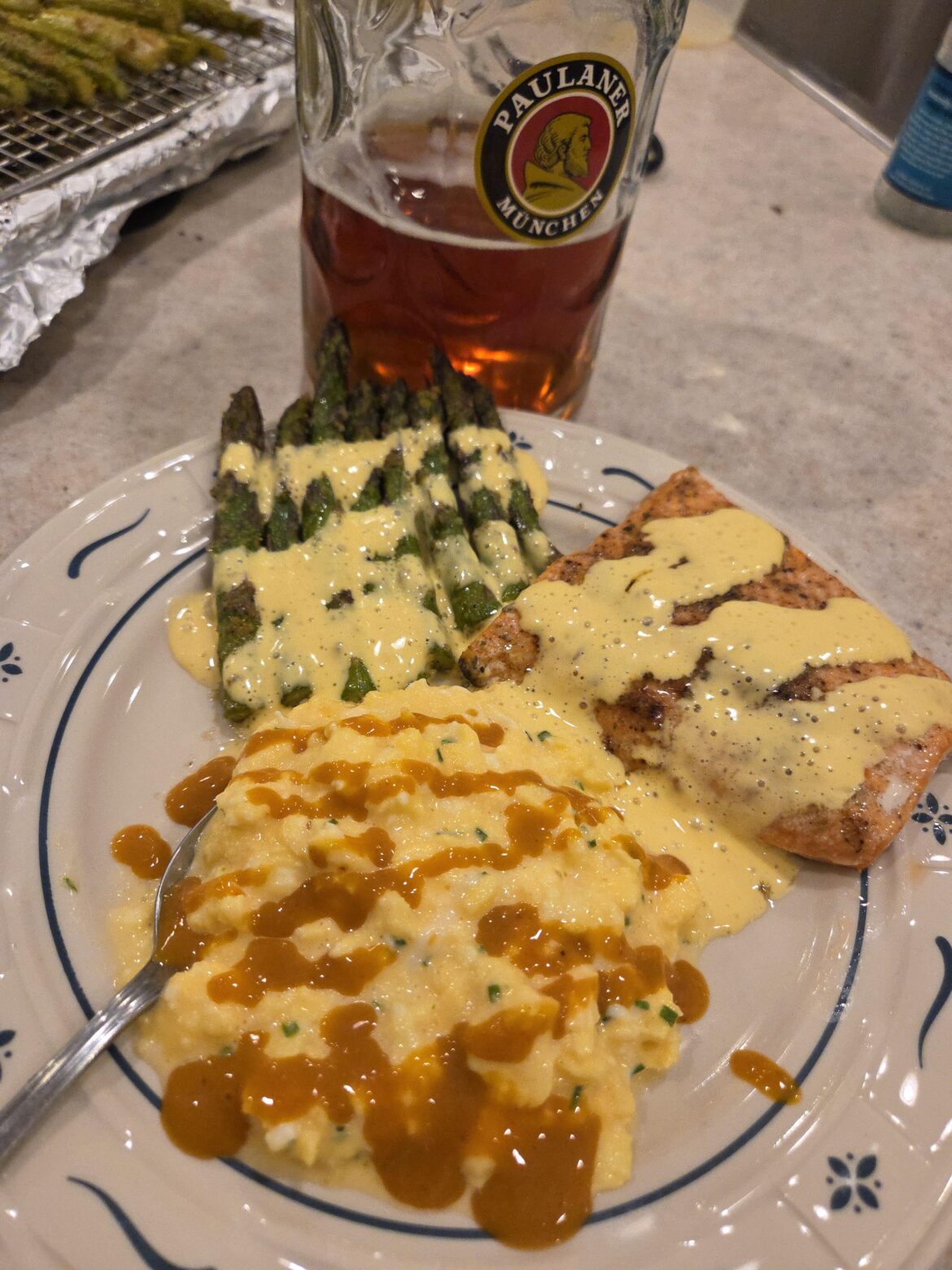 Salmon, Asparagus, and cheesy scrambled egg with hollandaise sauce for my drunk friends.